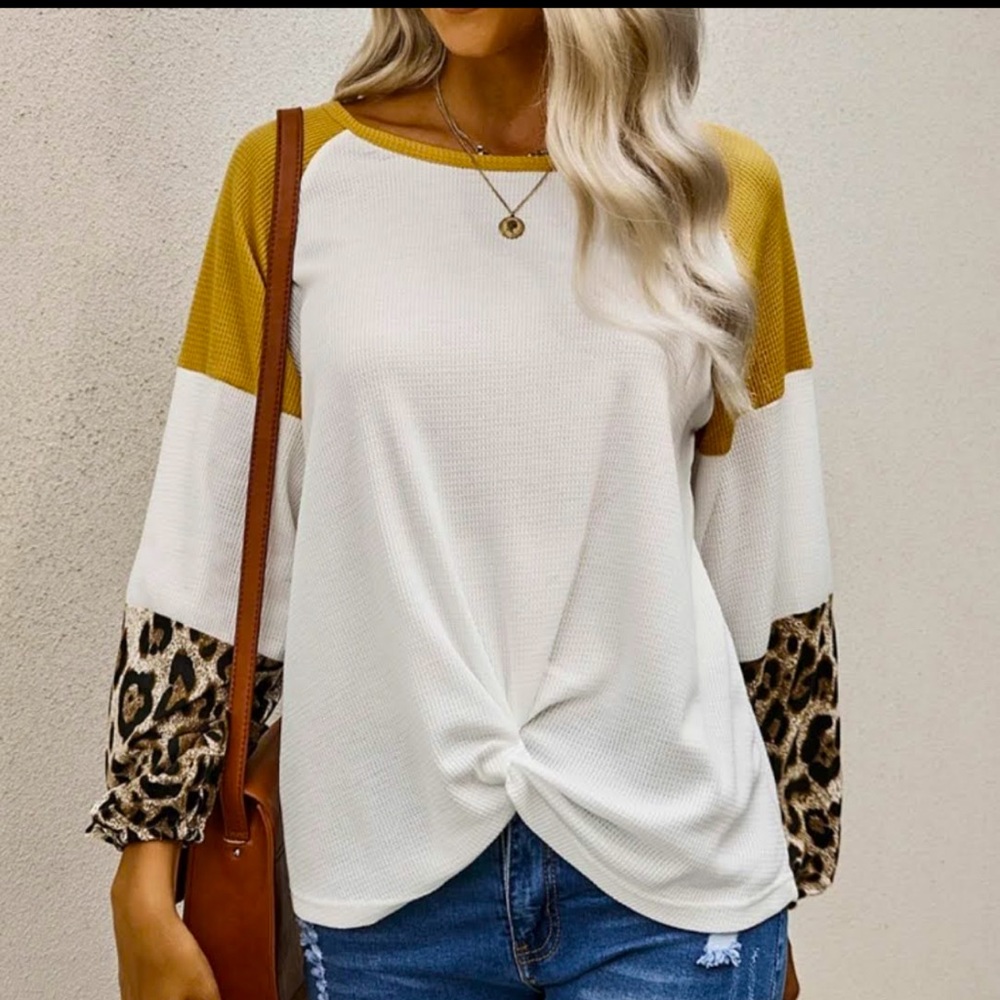 Waffle knit leopard print sleeve long sleeve